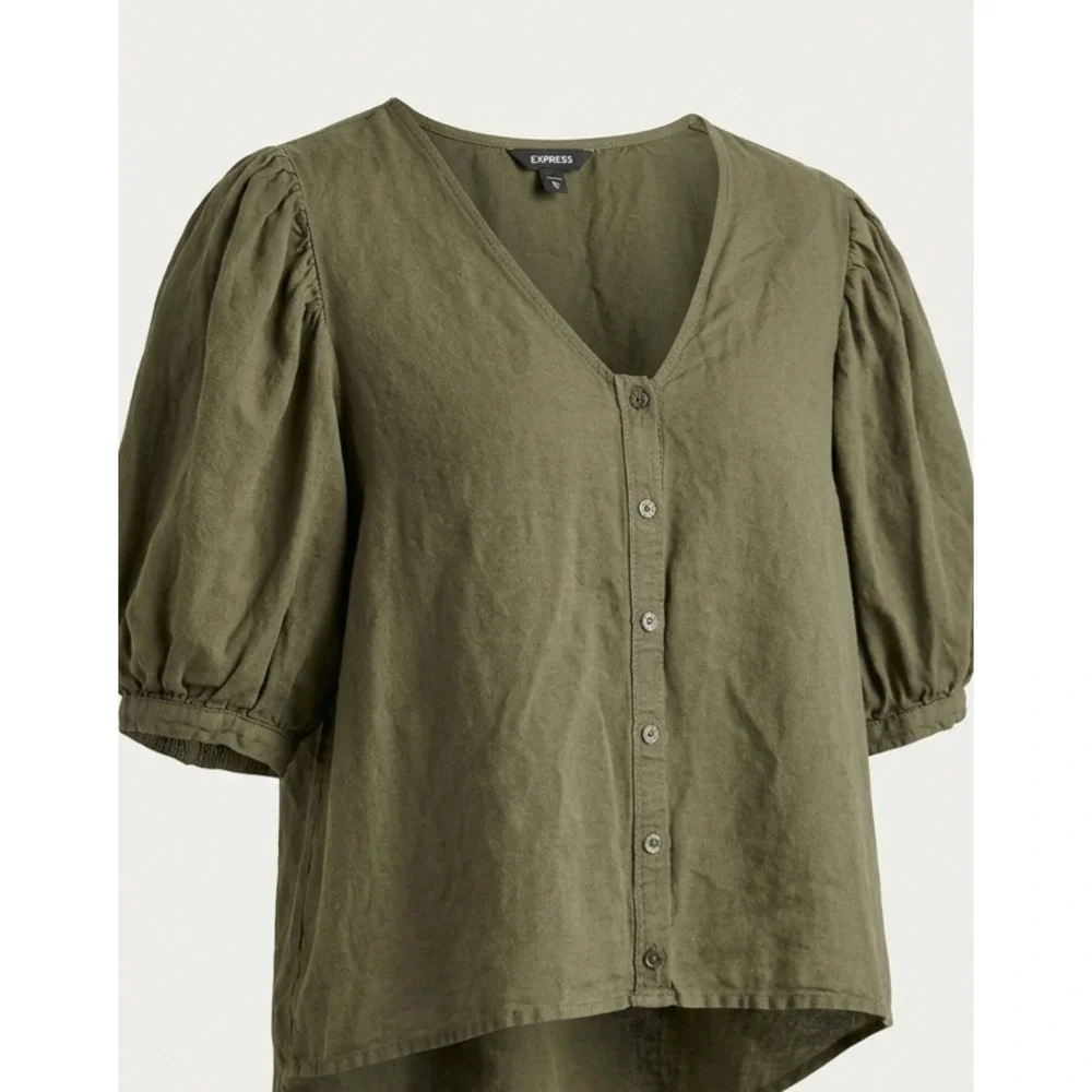 Express Olive Green Linen Blend Puff Sleeve V-Neck Blouse Size XL